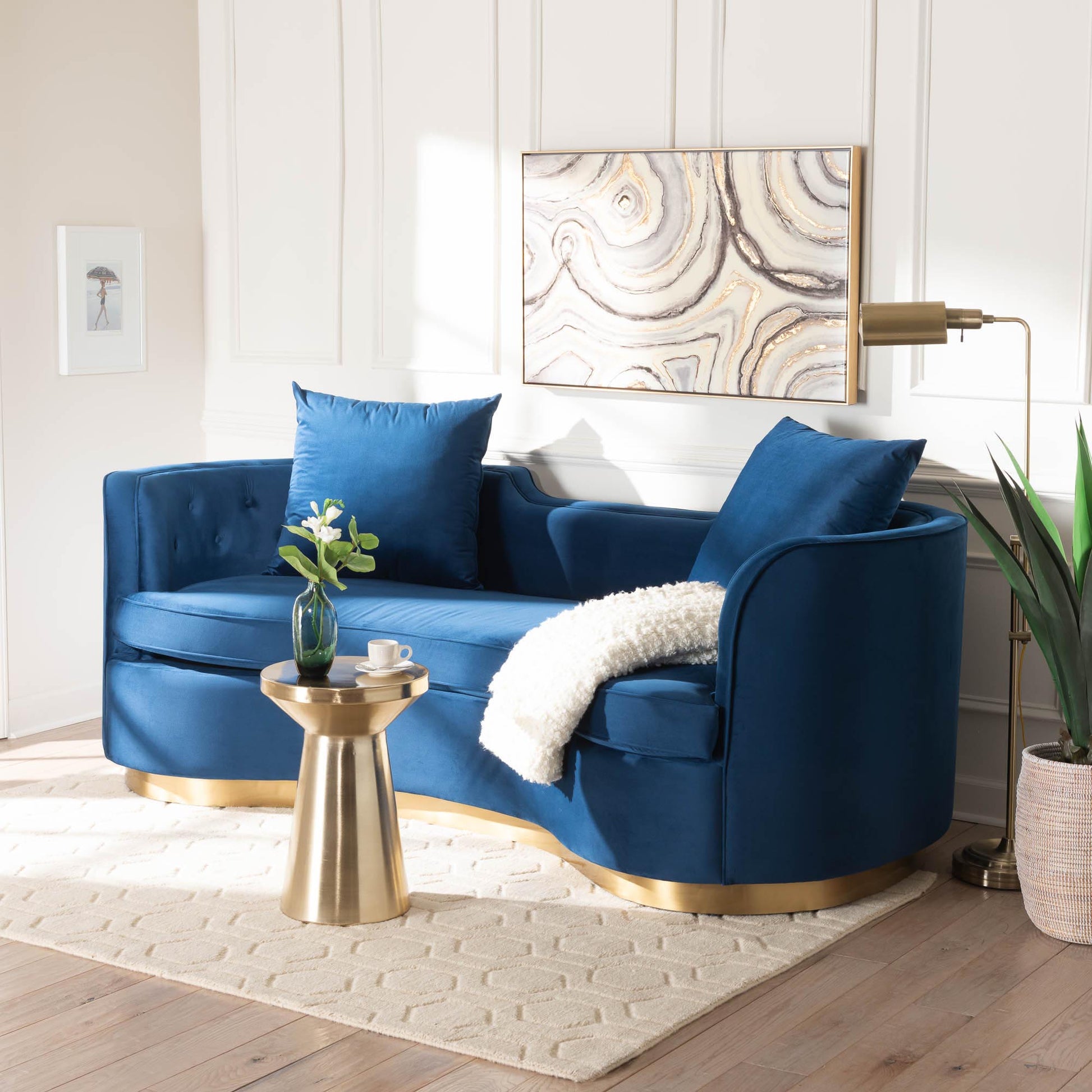 Baxton Studio Deserae Glam and Luxe Navy Blue Velvet and Brushed Gold Metal Sofa | Sofas | Modishstore