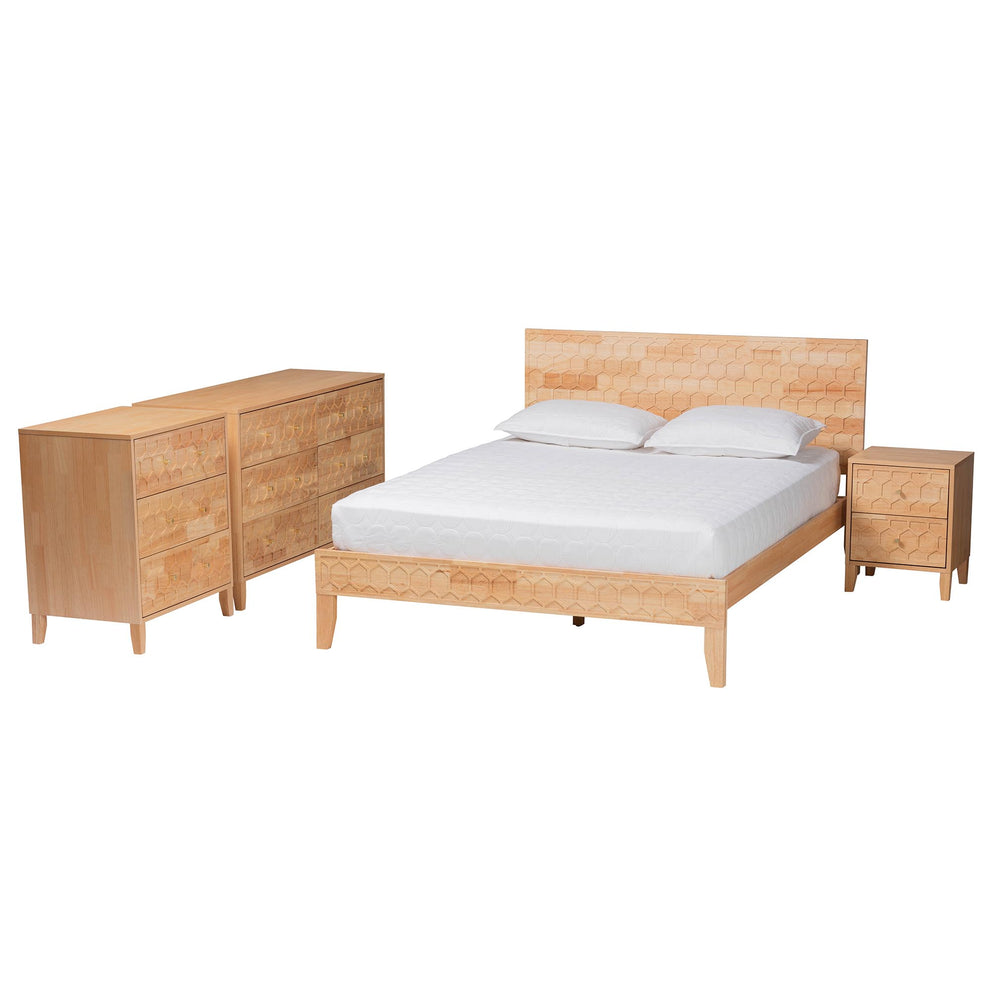 Baxton Studio Hosea Japandi Carved Honeycomb Natural Queen Size 4-Piece Bedroom Set | Bedroom Sets | Modishstore - 6