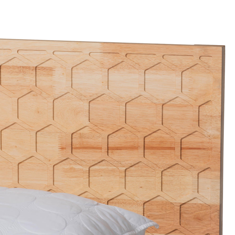 Baxton Studio Hosea Japandi Carved Honeycomb Natural Queen Size 4-Piece Bedroom Set | Bedroom Sets | Modishstore - 3