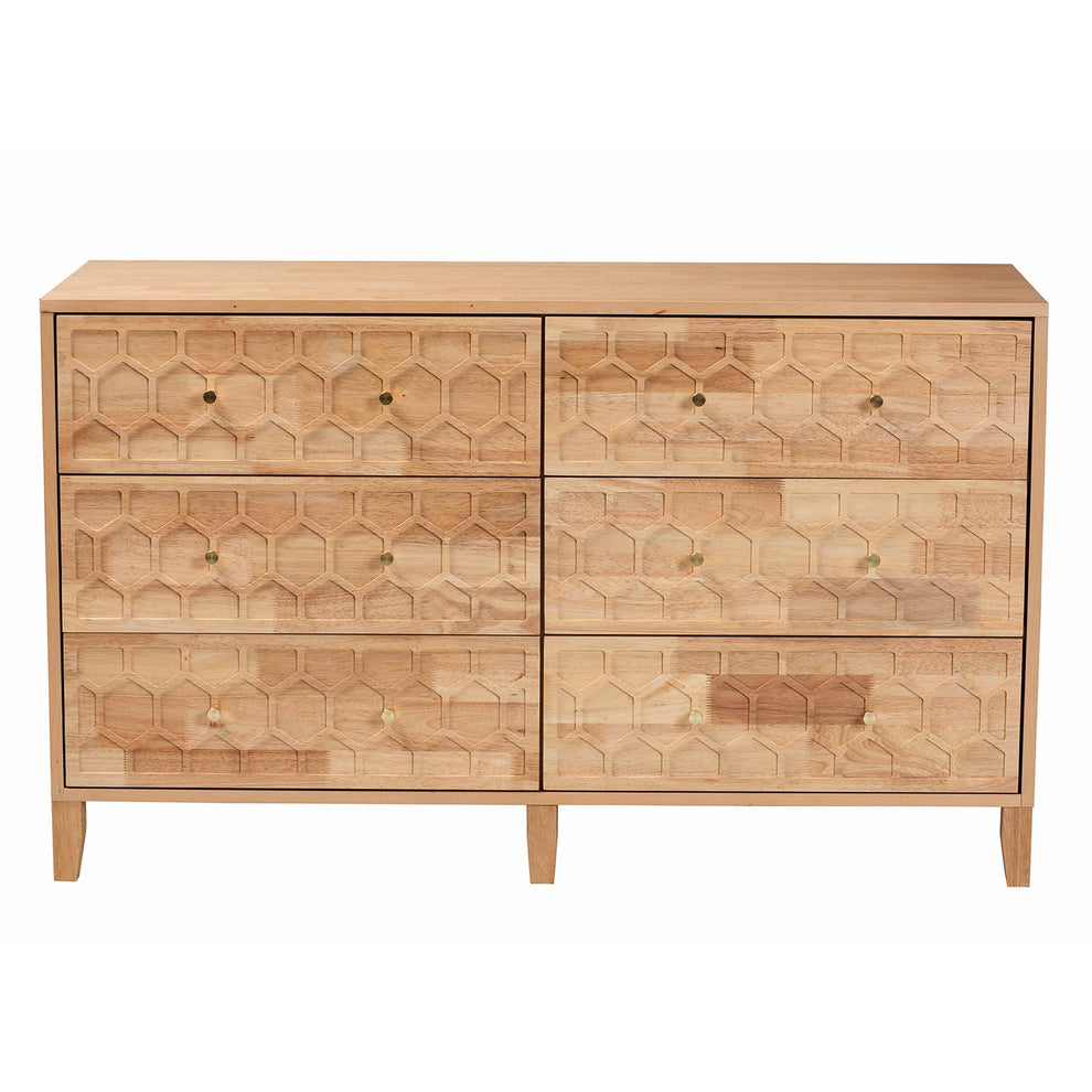 Baxton Studio Hosea Japandi Carved Honeycomb Natural 6-Drawer Dresser | Dressers | Modishstore - 6
