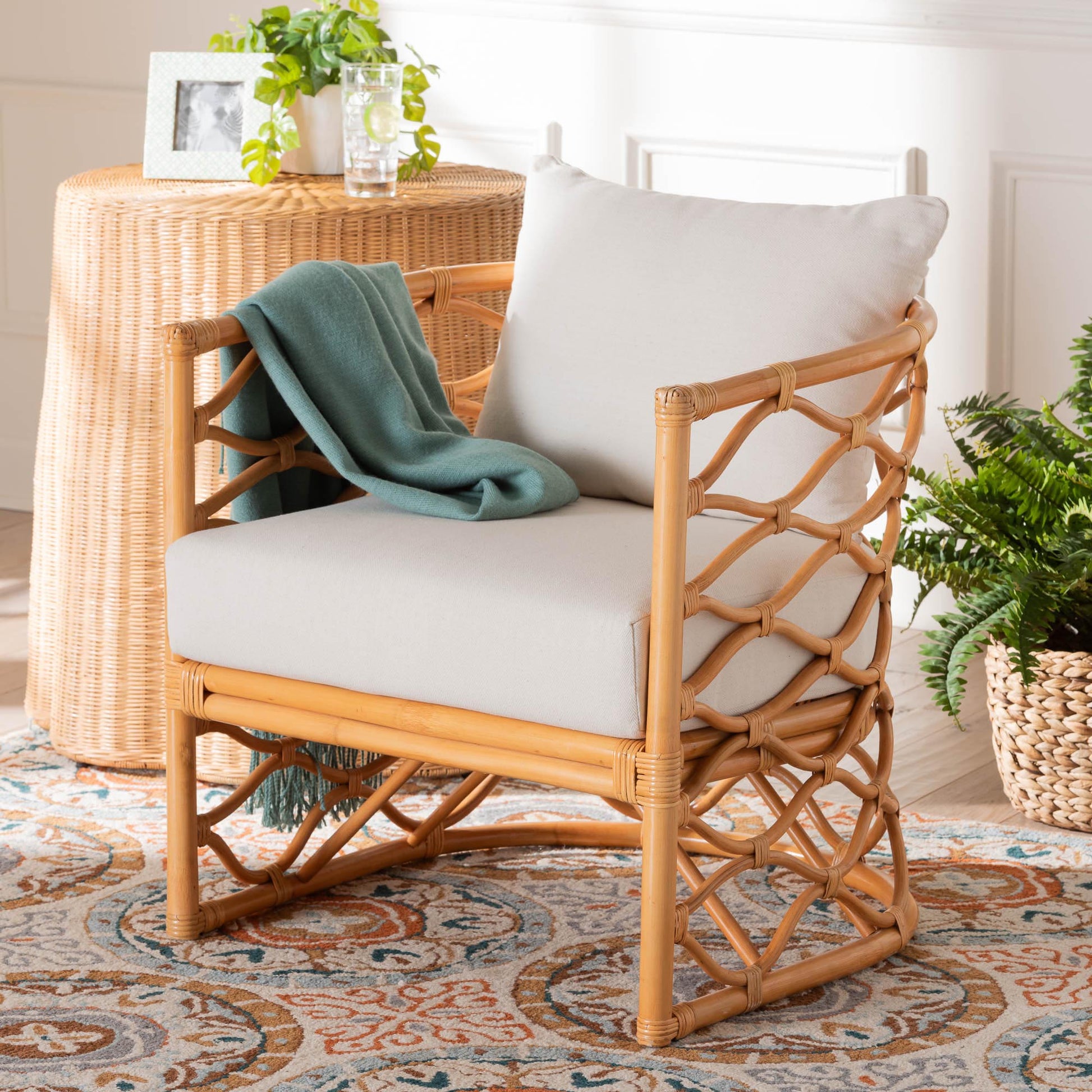Baxton Studio bali & pari Acelynn Bohemian Light Honey Rattan Arm Chair | Armchairs | Modishstore