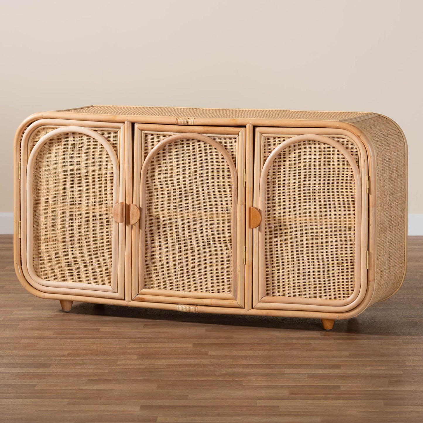 Baxton Studio bali & pari Evania Bohemian Natural Rattan 3-Door Storage Cabinet | Cabinets | Modishstore - 9