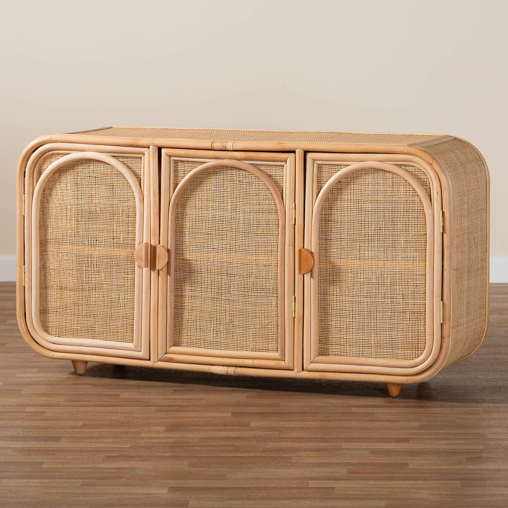 Baxton Studio bali & pari Evania Bohemian Natural Rattan 3-Door Storage Cabinet | Cabinets | Modishstore - 9