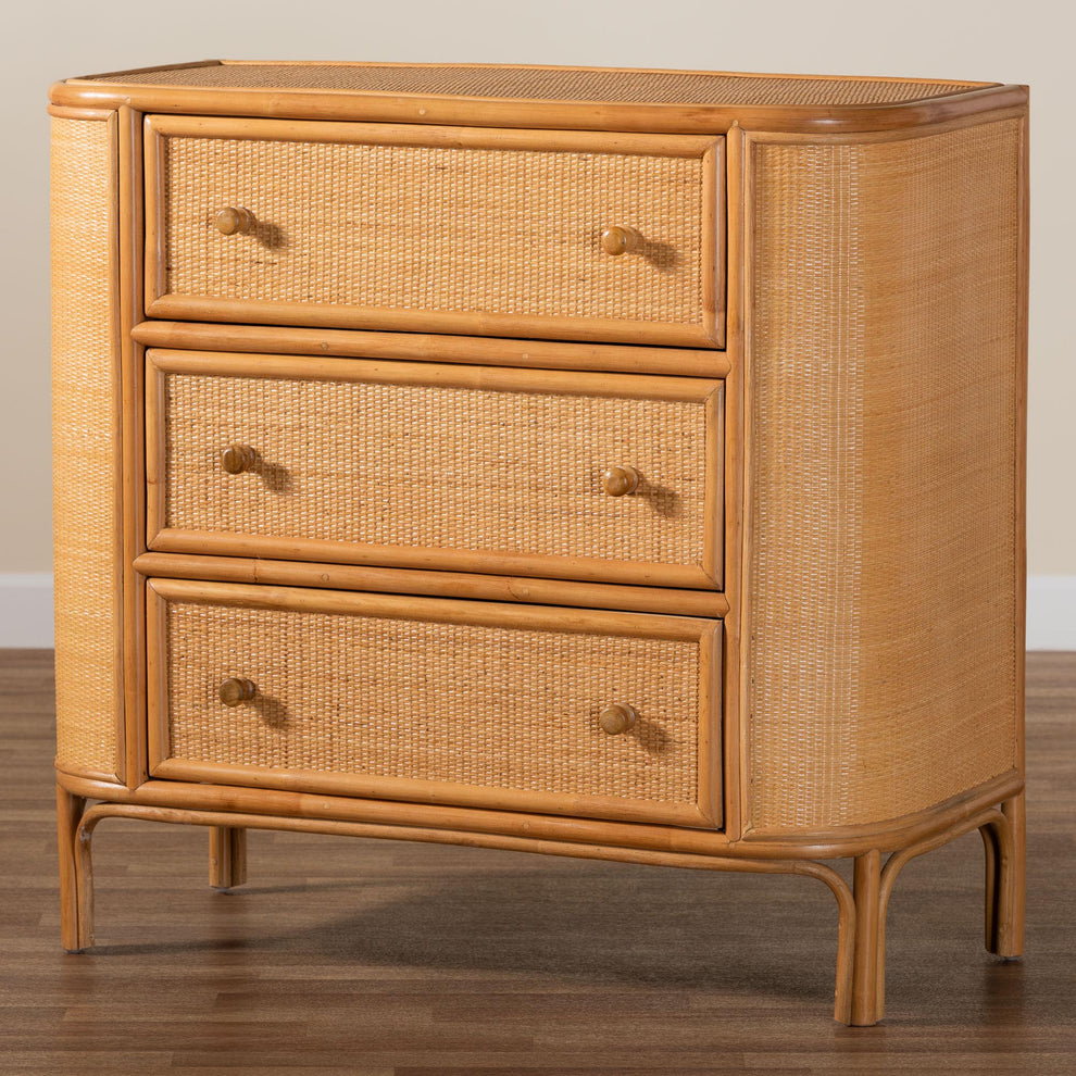 Baxton Studio bali & pari Radenza Bohemian Light Honey Rattan 3-Drawer Storage Cabinet | Cabinets | Modishstore - 3