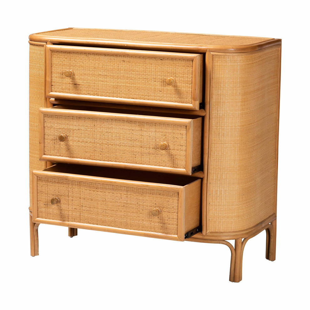 Baxton Studio bali & pari Radenza Bohemian Light Honey Rattan 3-Drawer Storage Cabinet | Cabinets | Modishstore - 6