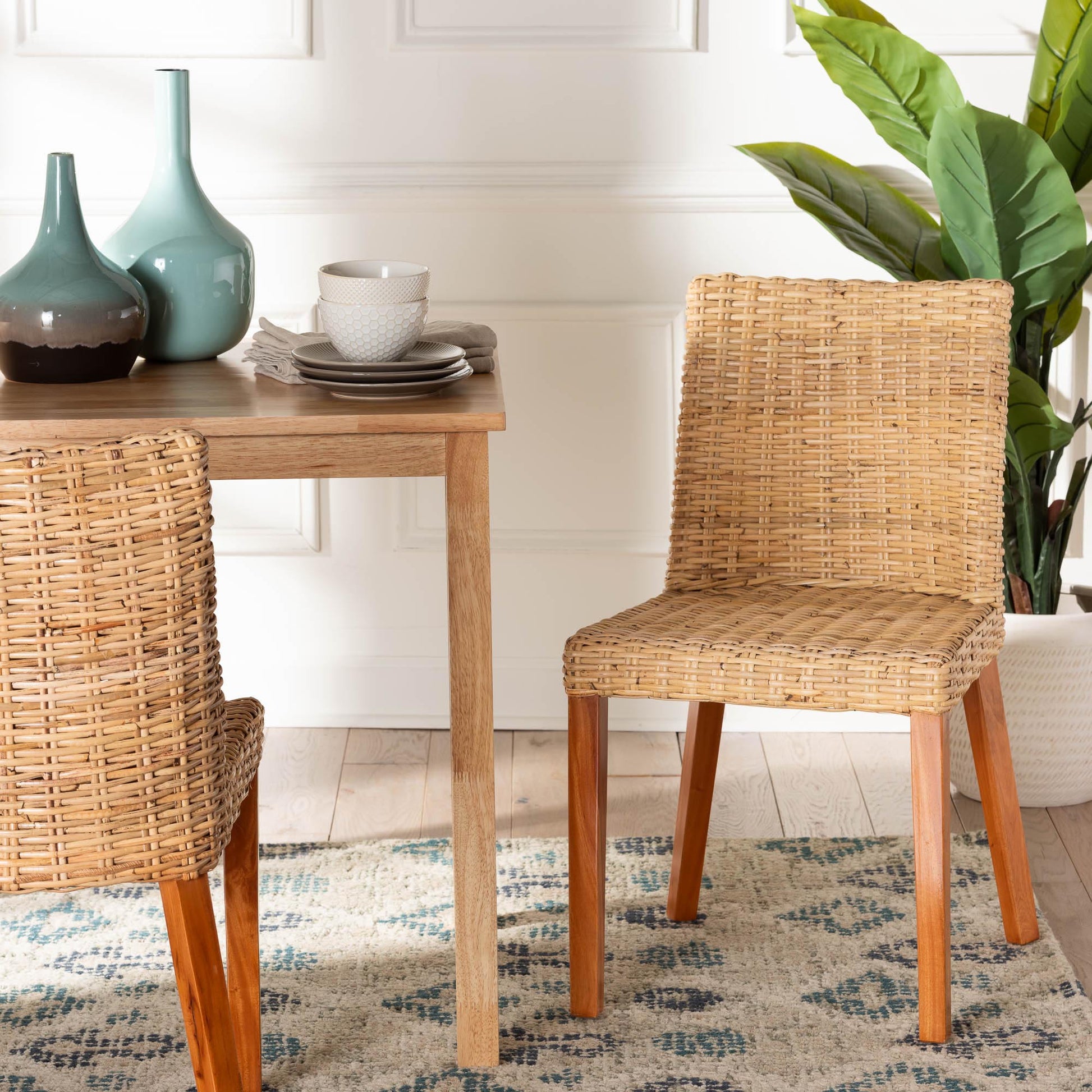 Baxton Studio bali & pari Rowen Bohemian Light Honey Kubu Rattan and Mahogany Wood Dining Chair | Dining Chairs | Modishstore