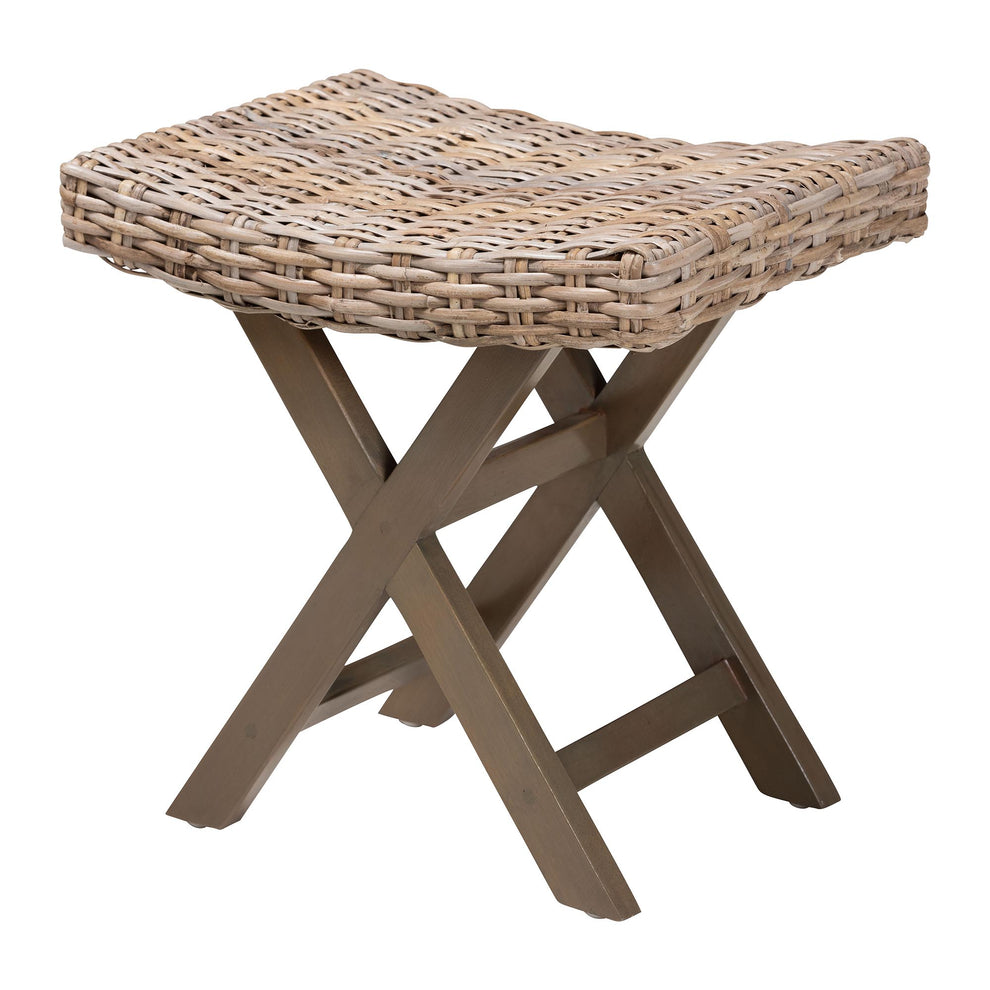 Baxton Studio bali & pari Hayate Bohemian Grey Kubu Rattan and Mahogany Wood Ottoman Footstool | Ottomans | Modishstore - 2