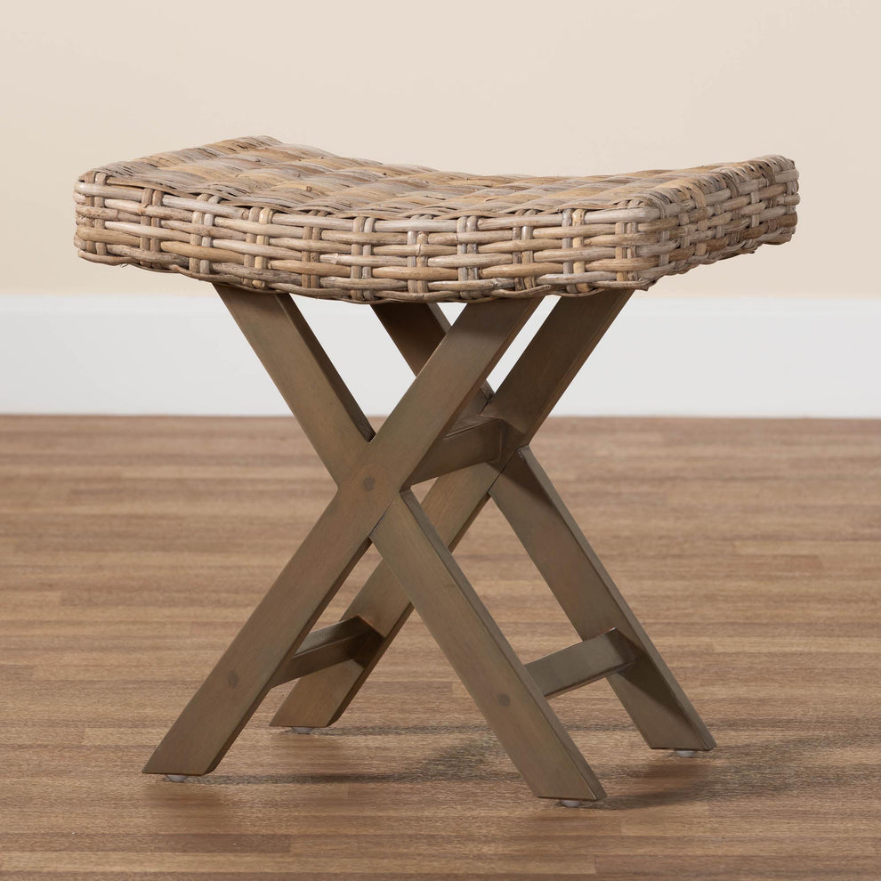 Baxton Studio bali & pari Hayate Bohemian Grey Kubu Rattan and Mahogany Wood Ottoman Footstool | Ottomans | Modishstore - 7