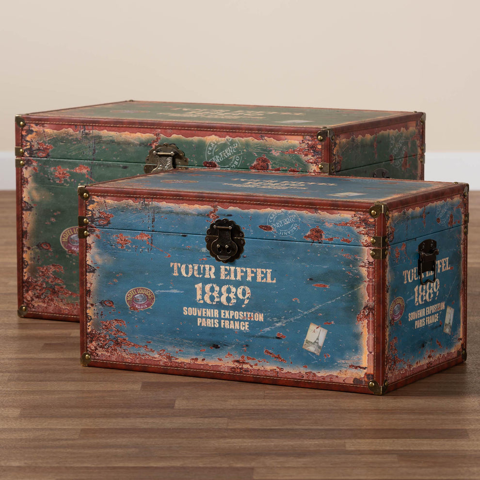 Baxton Studio Sabeen Vintage Parisian Faux Leather and Wood 2-Piece Storage Trunk Set | Cabinets | Modishstore - 3
