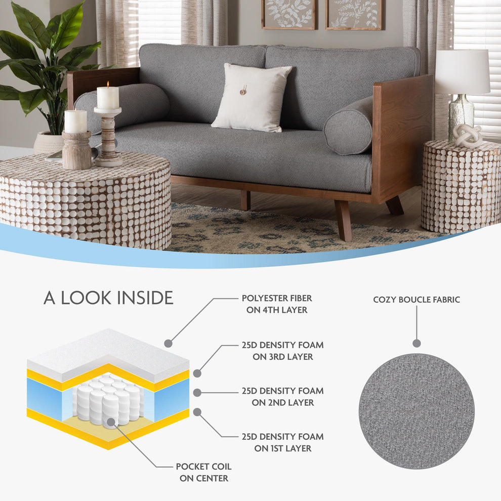 Baxton Studio Uriel Mid-Century Modern Grey Boucle Fabric Sofa | Sofas | Modishstore - 2