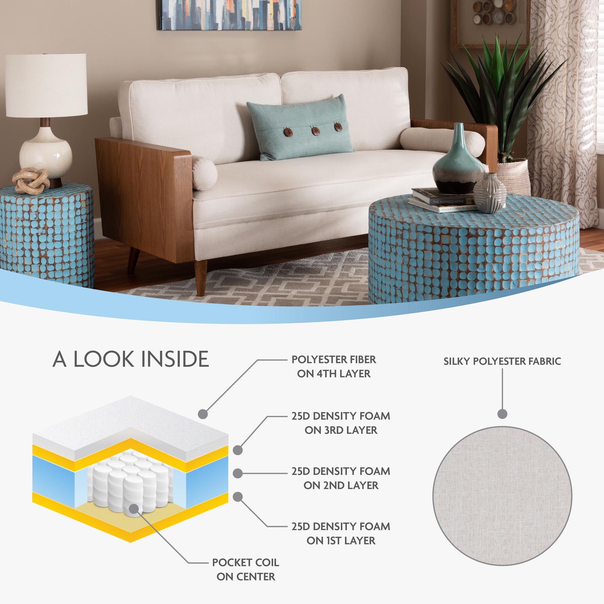 Baxton Studio Harleson Mid-Century Modern Beige Fabric and Walnut Brown Wood Sofa | Sofas | Modishstore - 2