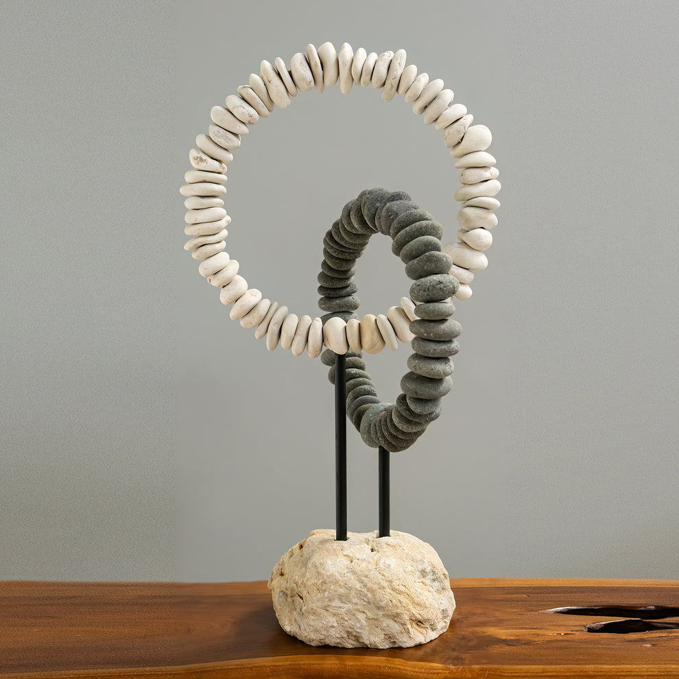 B&W Stone Double Ring on Stand Set of 2 By Garden Age Supply | Minerals and Stones | Modishstore - 2