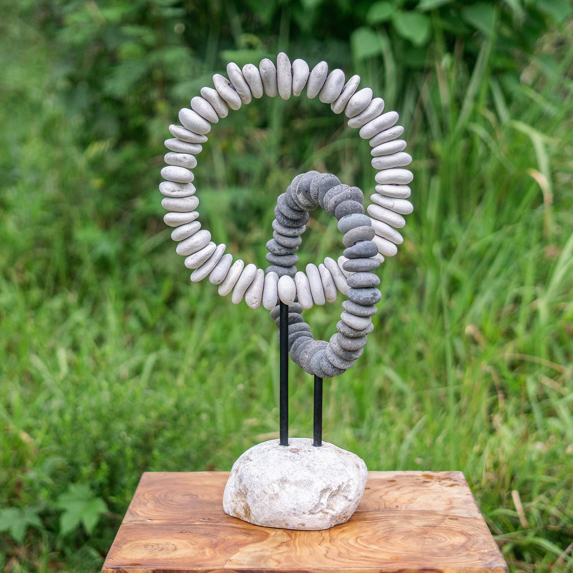 B&W Stone Double Ring on Stand Set of 2 By Garden Age Supply | Minerals and Stones | Modishstore - 1