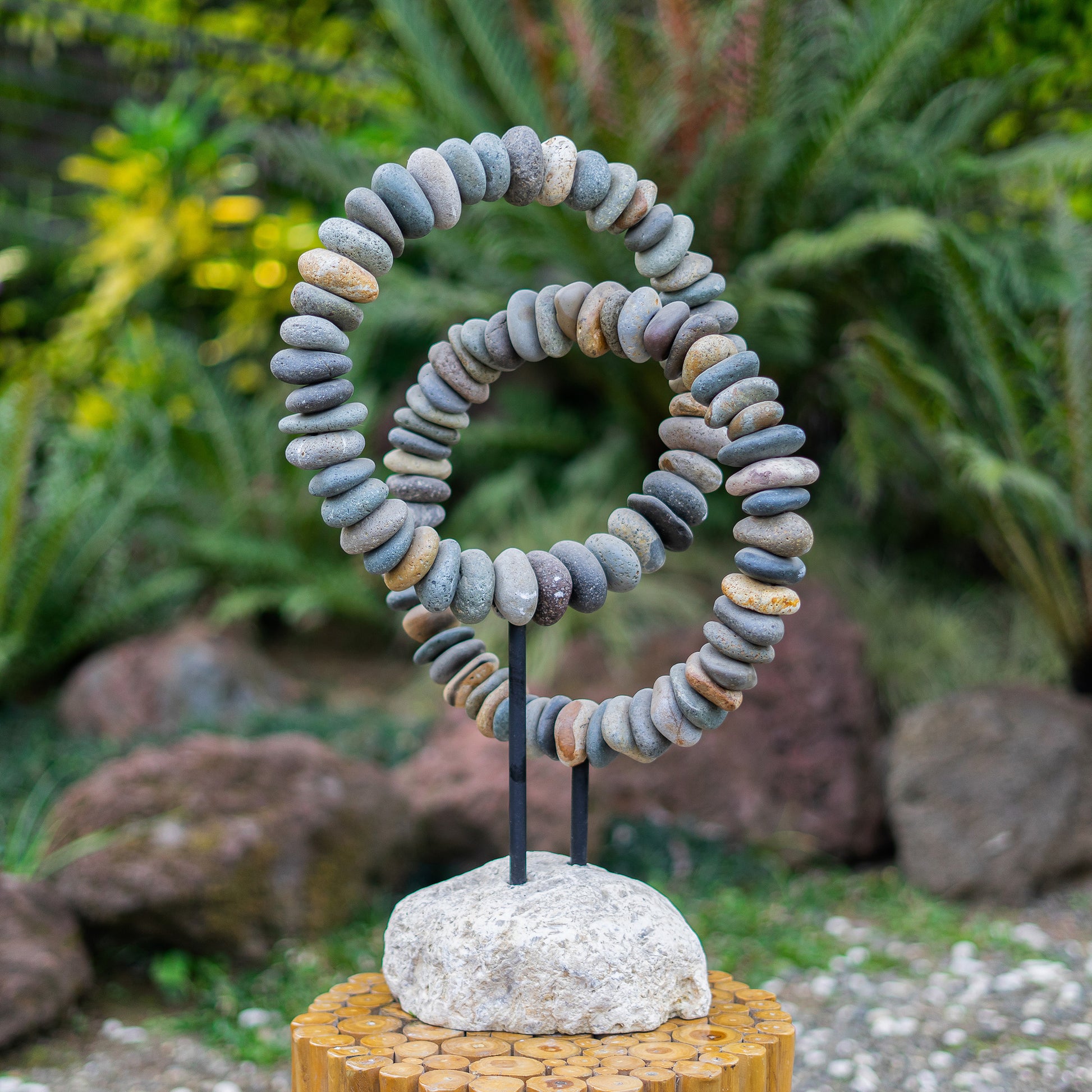 Beach Pebble Double Ring on Stand Set of 2 By Garden Age Supply | Sculptures | Modishstore - 1