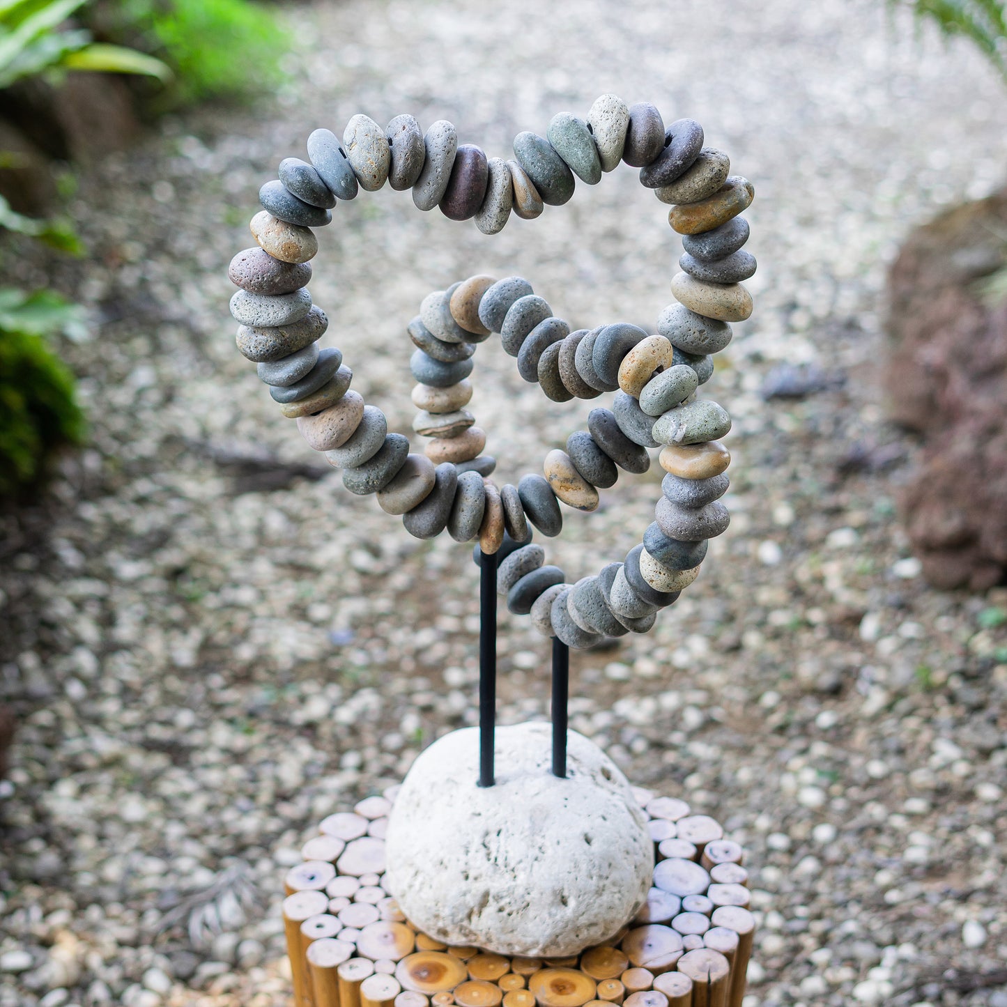 Beach Pebble Double Heart on Stand Set of 2 By Garden Age Supply