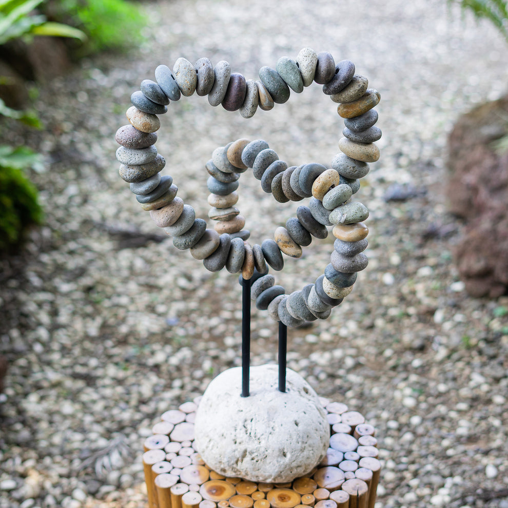 Beach Pebble Double Heart on Stand Set of 2 By Garden Age Supply | Sculptures | Modishstore - 2