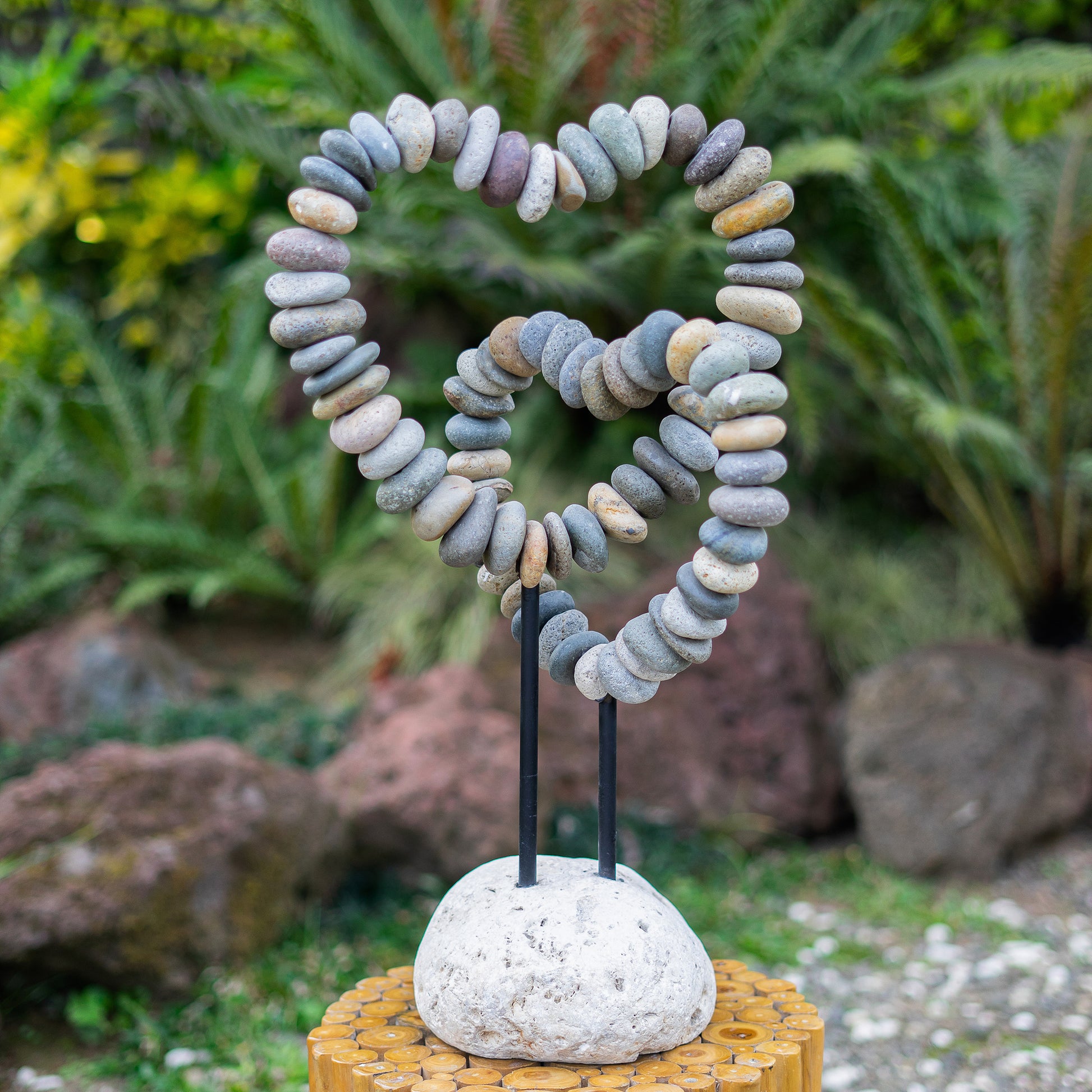 Beach Pebble Double Heart on Stand Set of 2 By Garden Age Supply | Sculptures | Modishstore - 1