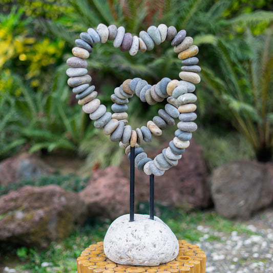 Beach Pebble Double Heart on Stand Set of 2 By Garden Age Supply | Sculptures | Modishstore - 1