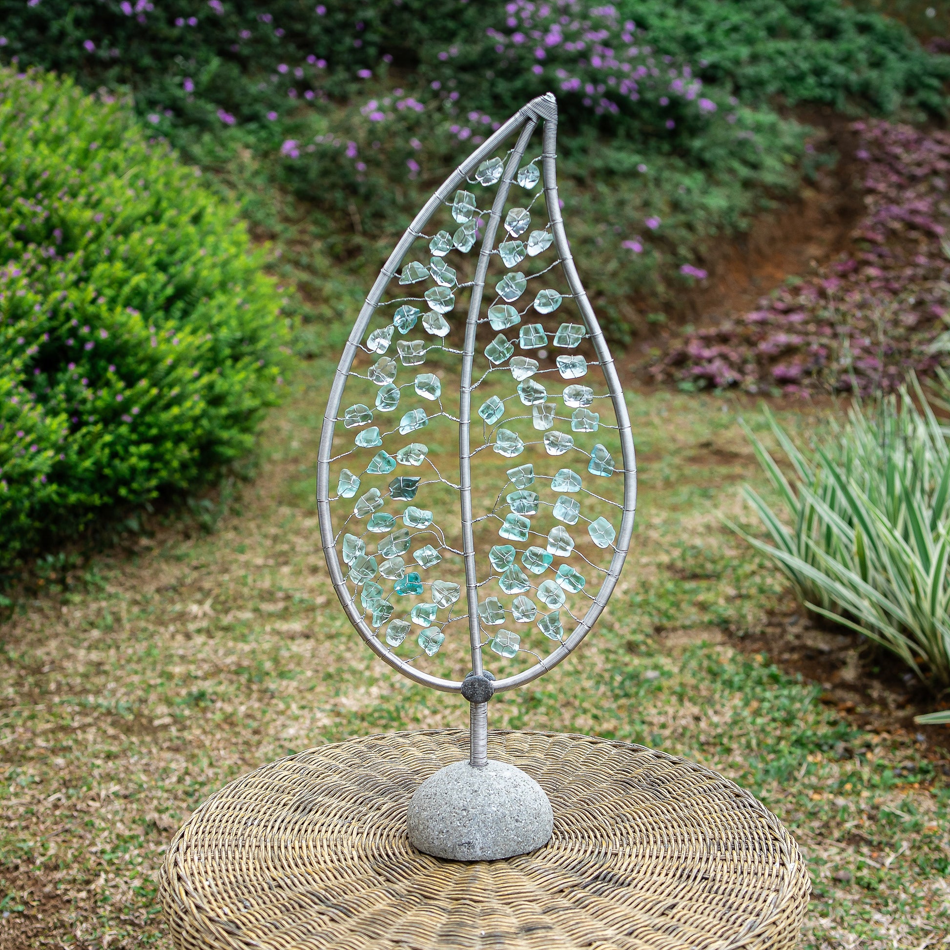 Recycled Glass Leaf on Stand Set of 2 By Garden Age Supply | Sculptures | Modishstore - 1