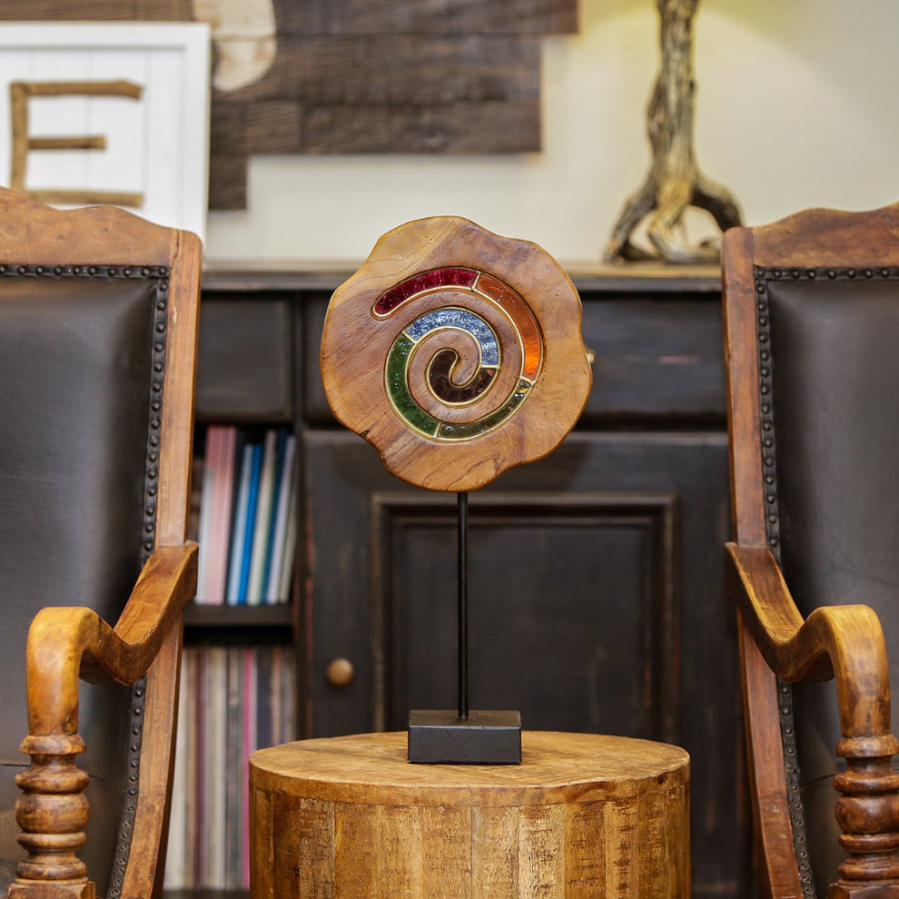 Teak Slab Stained Glass Spiral Set of 2 By Garden Age Supply | Sculptures | Modishstore - 5