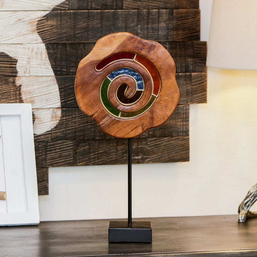 Teak Slab Stained Glass Spiral Set of 2 By Garden Age Supply | Sculptures | Modishstore - 1