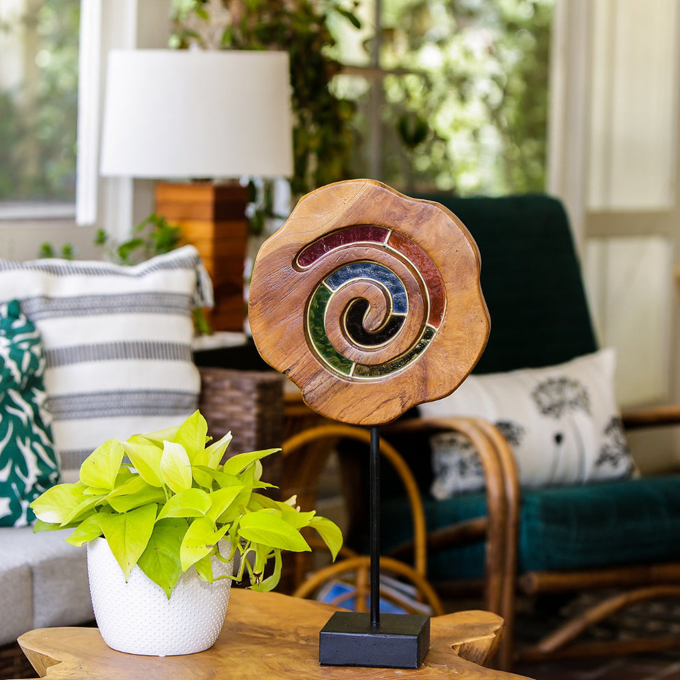 Teak Slab Stained Glass Spiral Set of 2 By Garden Age Supply | Sculptures | Modishstore - 4