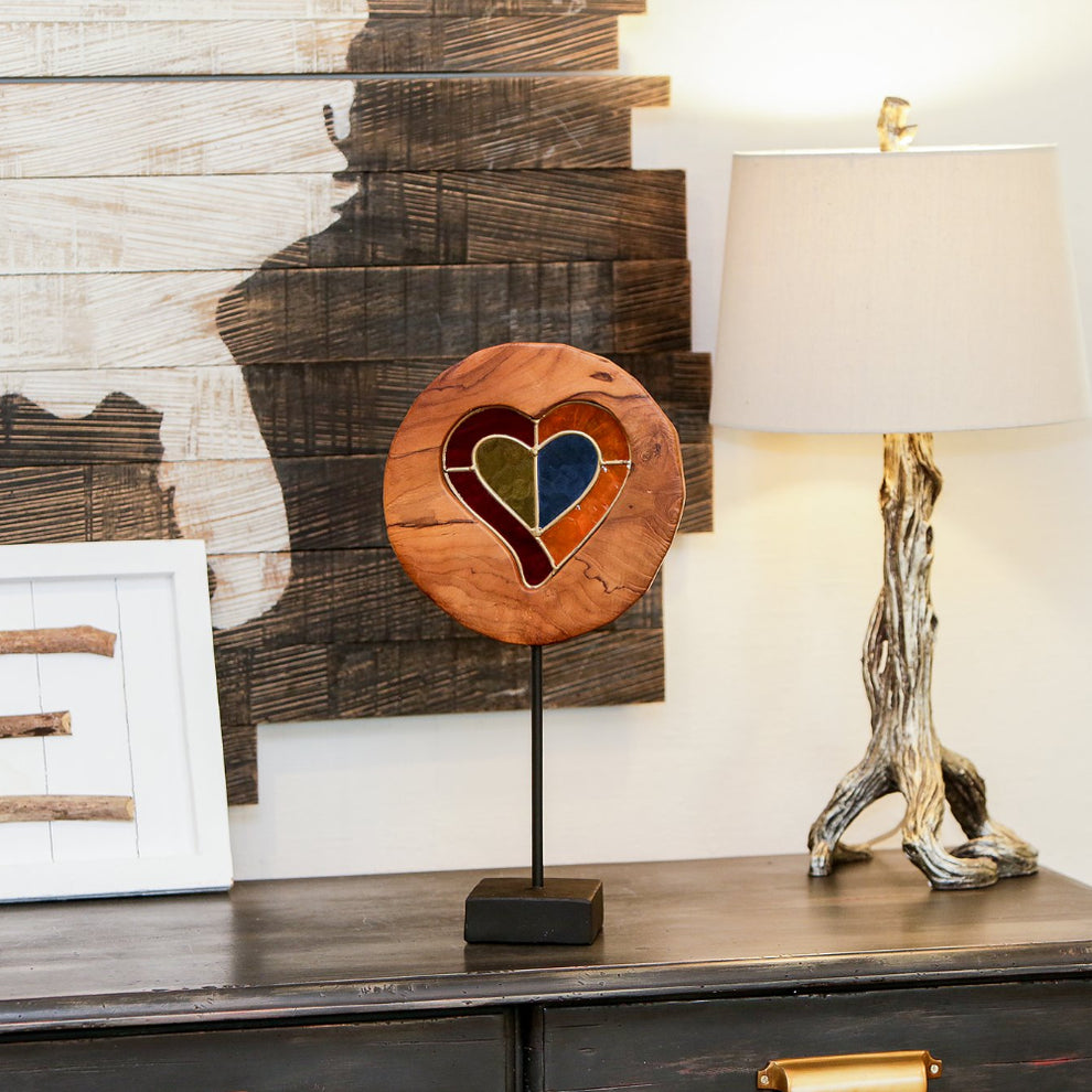 Teak Slab Stained Glass Heart Set of 2 By Garden Age Supply | Sculptures | Modishstore - 5
