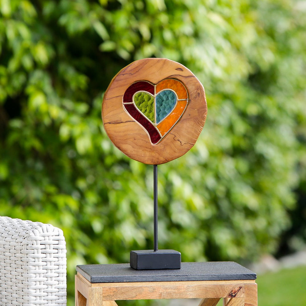 Teak Slab Stained Glass Heart Set of 2 By Garden Age Supply | Sculptures | Modishstore - 1