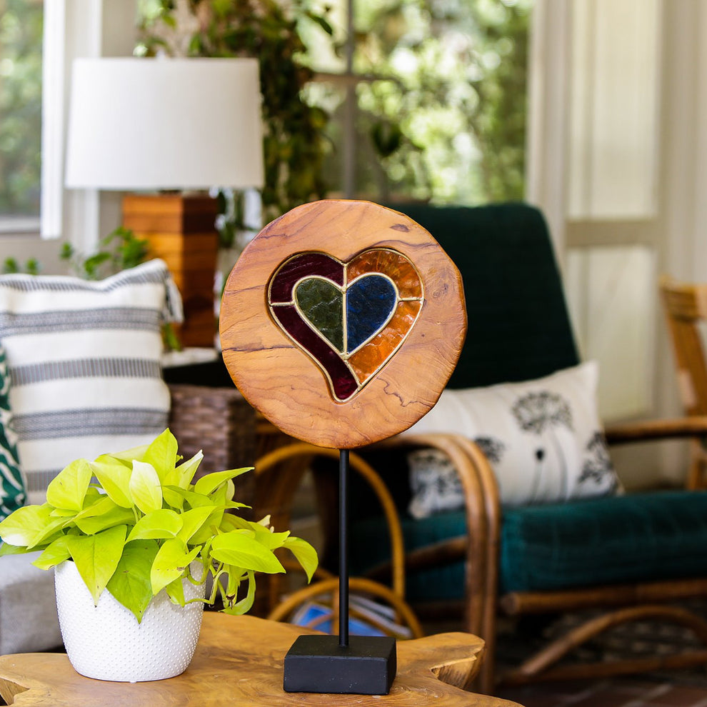 Teak Slab Stained Glass Heart Set of 2 By Garden Age Supply | Sculptures | Modishstore - 3