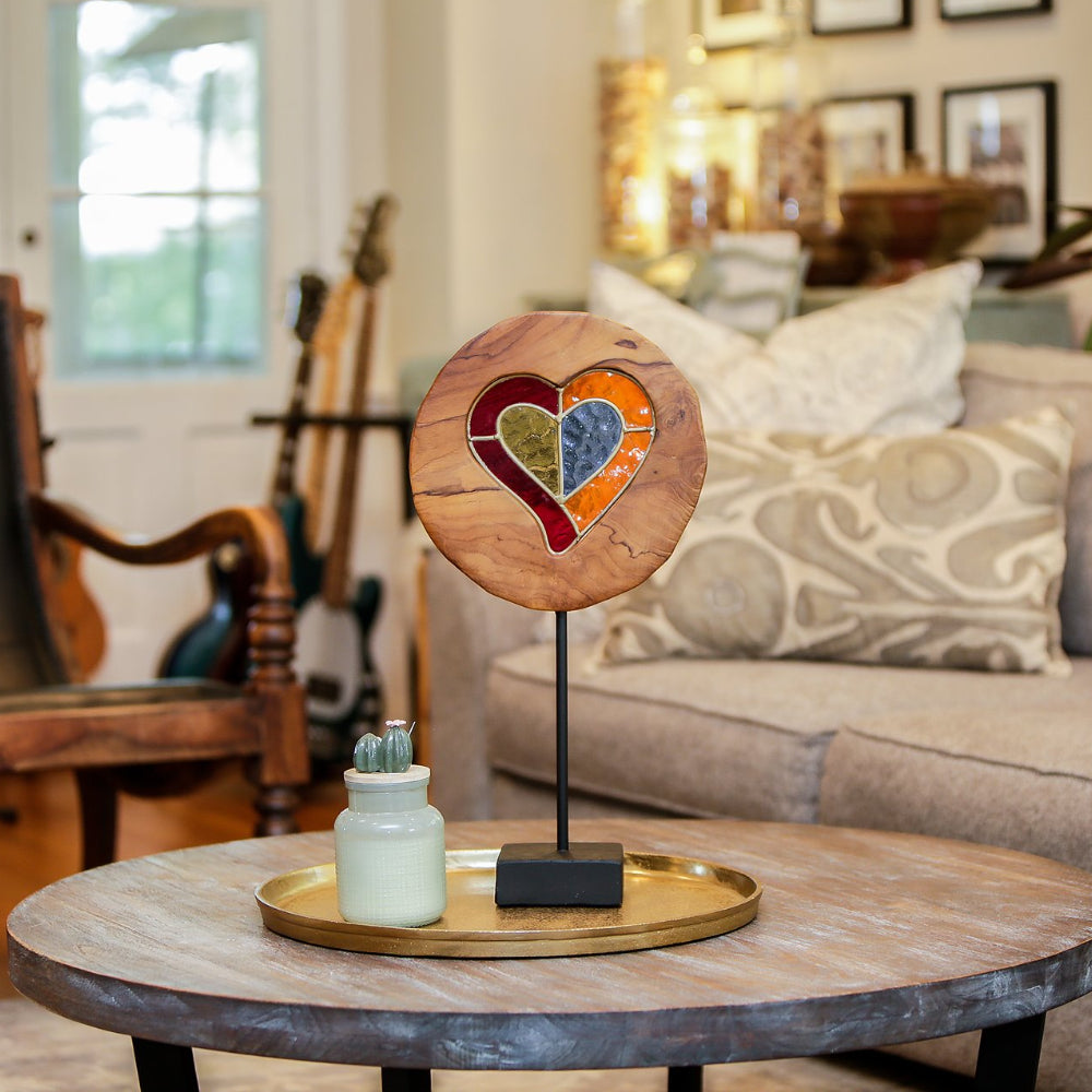 Teak Slab Stained Glass Heart Set of 2 By Garden Age Supply