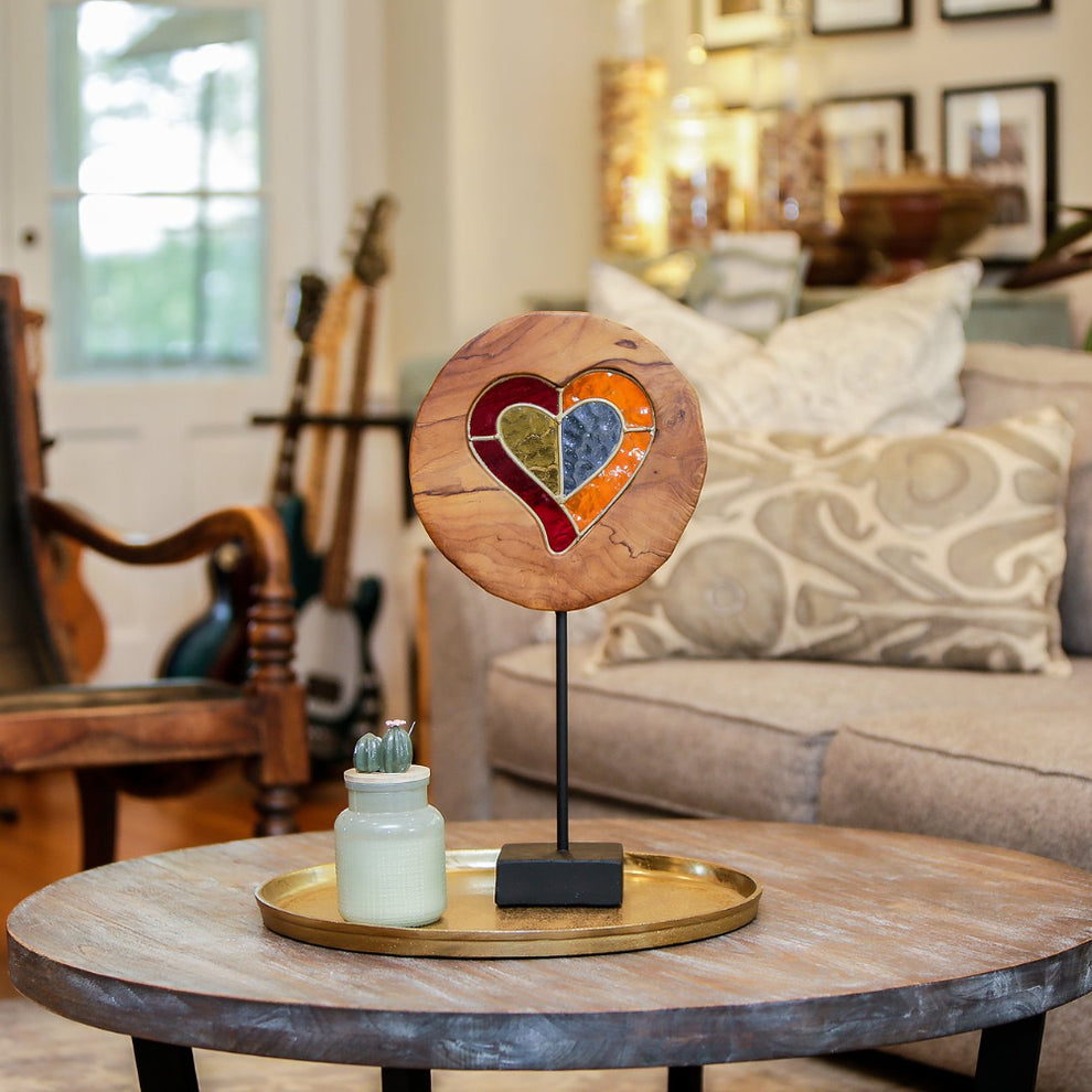 Teak Slab Stained Glass Heart Set of 2 By Garden Age Supply | Sculptures | Modishstore - 2