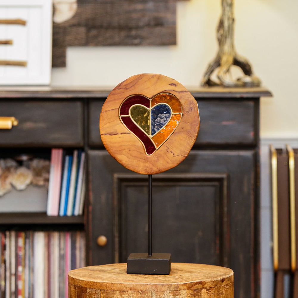 Teak Slab Stained Glass Heart Set of 2 By Garden Age Supply