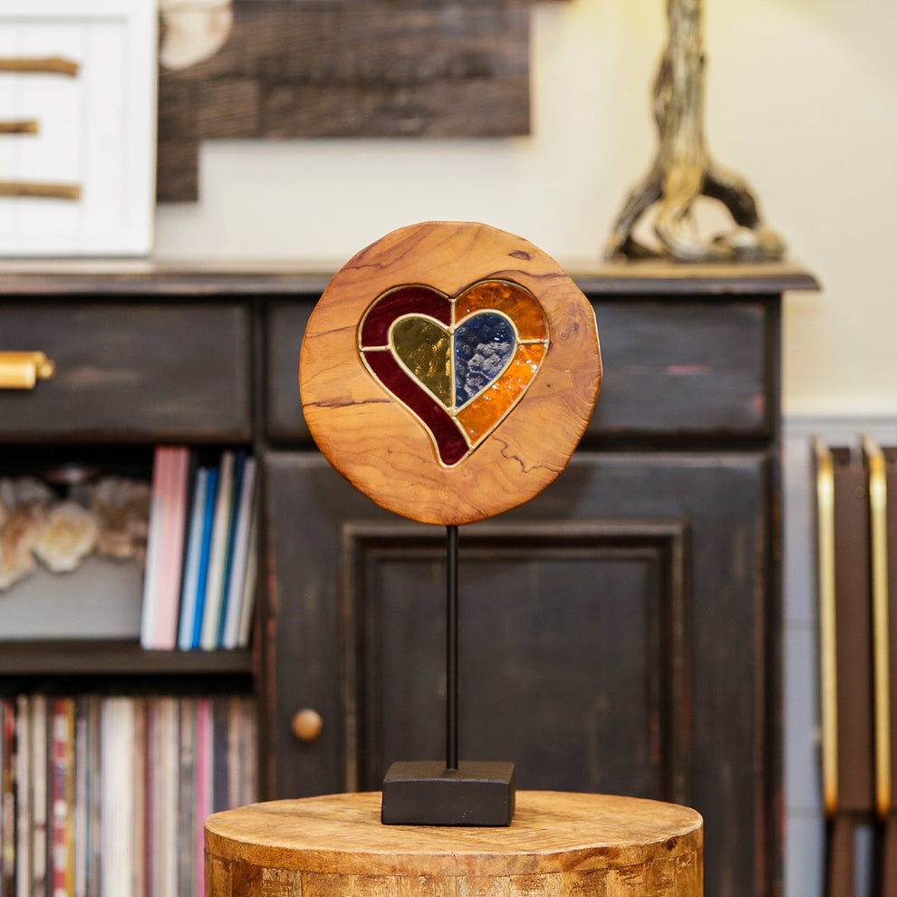 Teak Slab Stained Glass Heart Set of 2 By Garden Age Supply | Sculptures | Modishstore - 4
