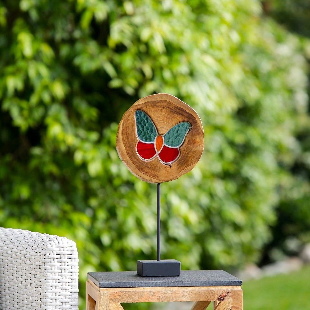 Teak Stained Glass Butterfly Set of 4 By Garden Age Supply