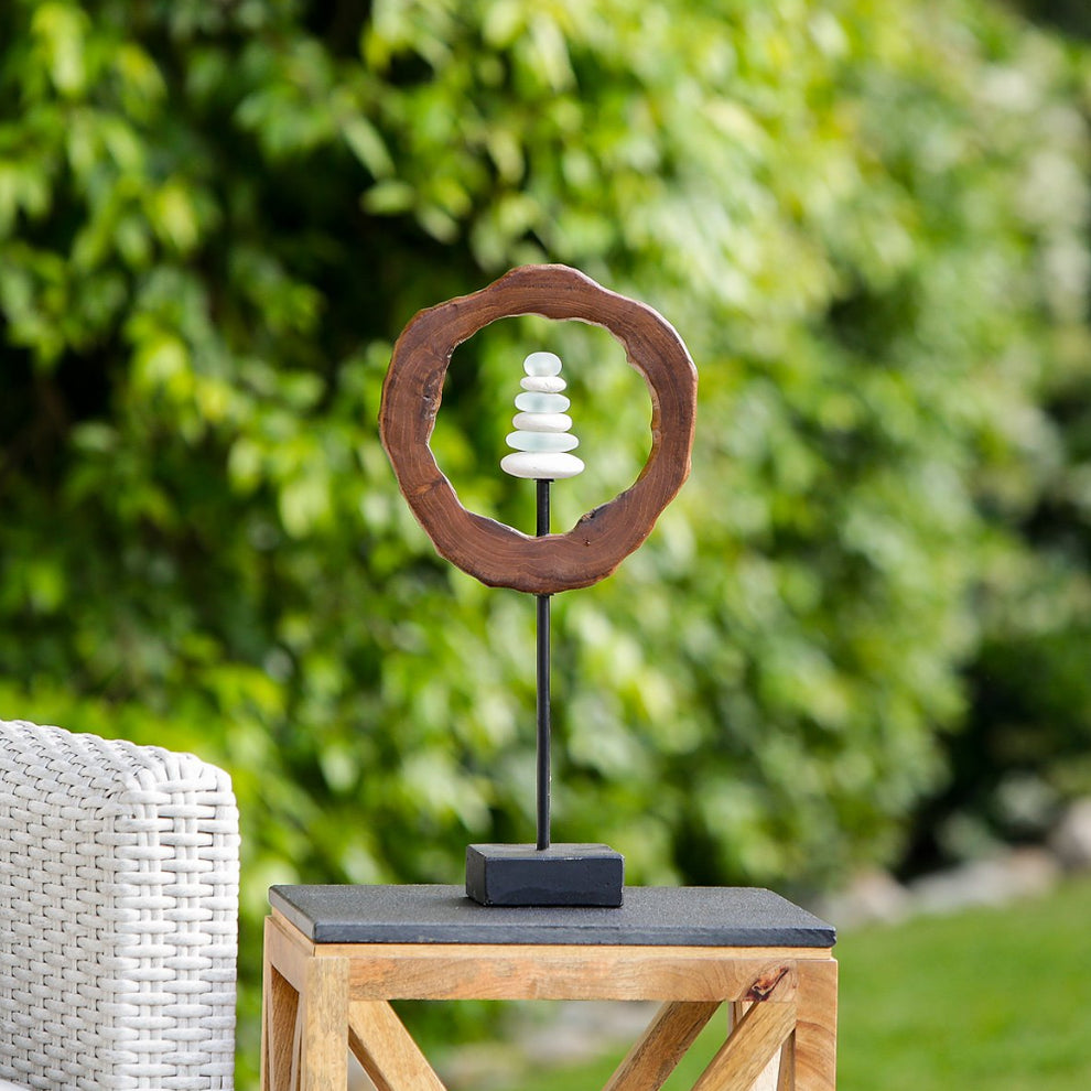 Teak Slab Ring Glass Cairn Set of 4 By Garden Age Supply | Sculptures | Modishstore - 3