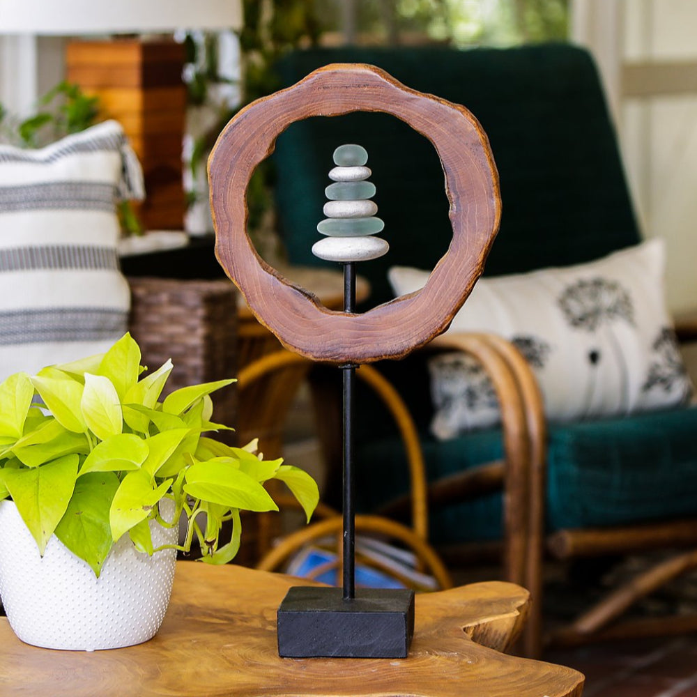 Teak Slab Ring Glass Cairn Set of 4 By Garden Age Supply | Sculptures | Modishstore - 1