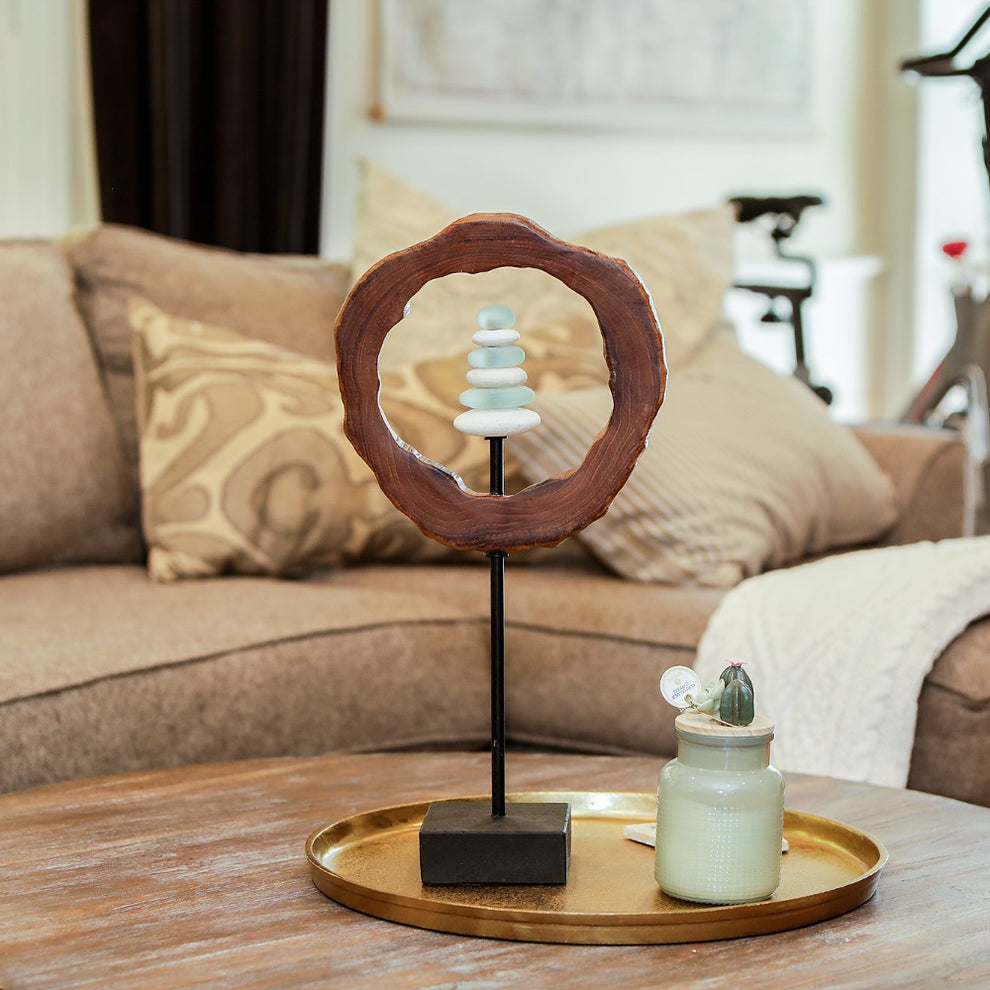 Teak Slab Ring Glass Cairn Set of 4 By Garden Age Supply | Sculptures | Modishstore - 2