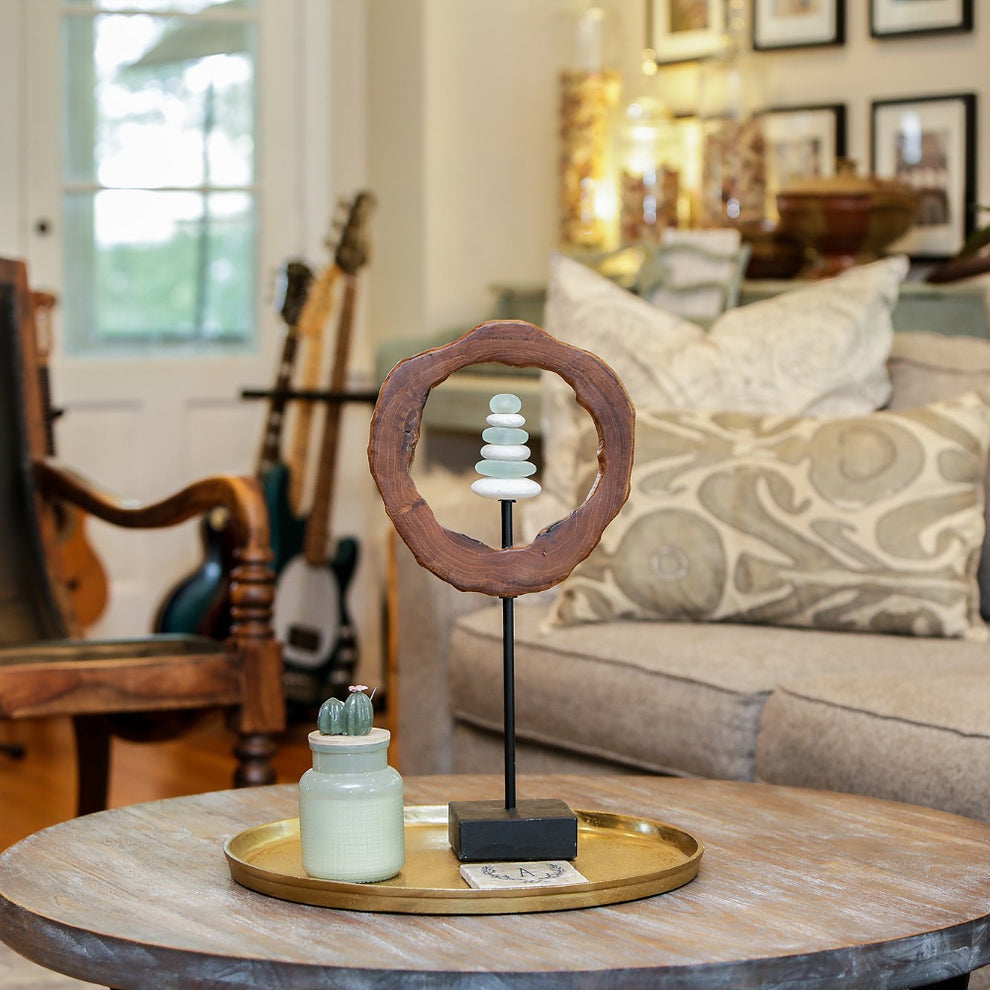 Teak Slab Ring Glass Cairn Set of 4 By Garden Age Supply | Sculptures | Modishstore - 4