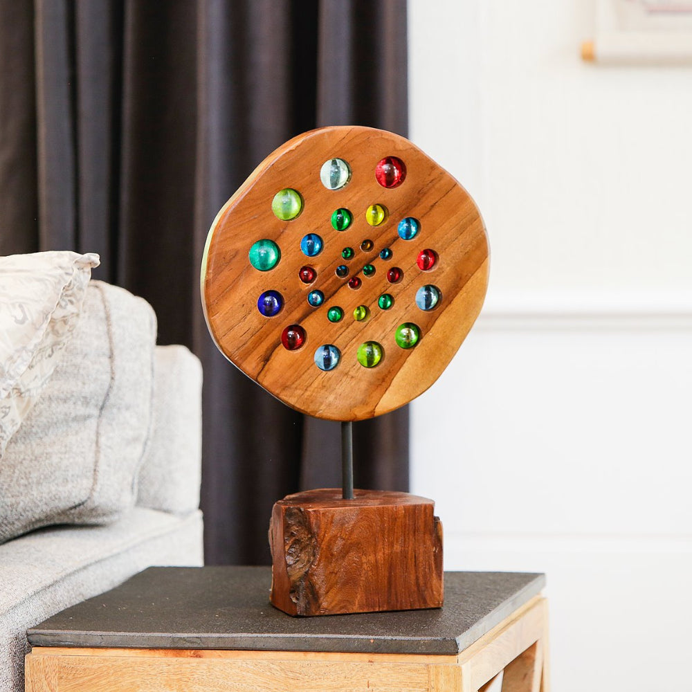 Teak Slab with Glass Ball on Stand Set of 2 By Garden Age Supply | Sculptures | Modishstore - 1