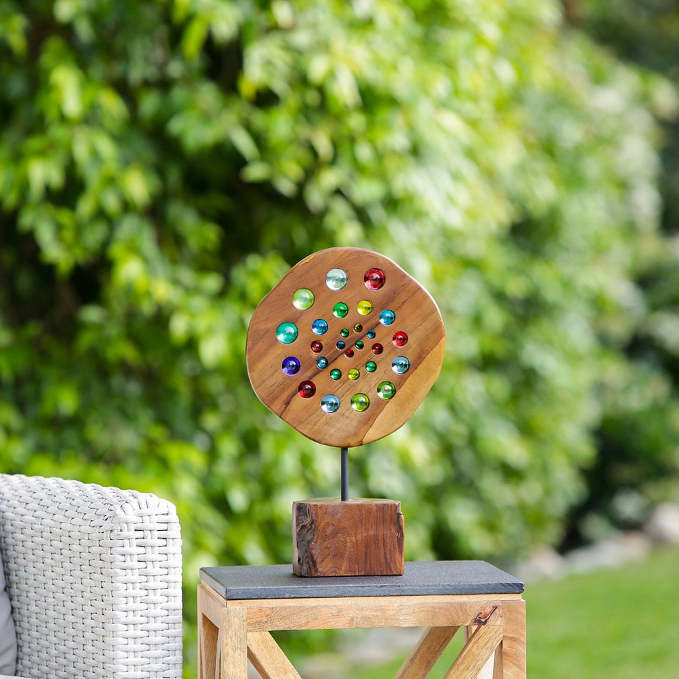 Teak Slab with Glass Ball on Stand Set of 2 By Garden Age Supply | Sculptures | Modishstore - 3