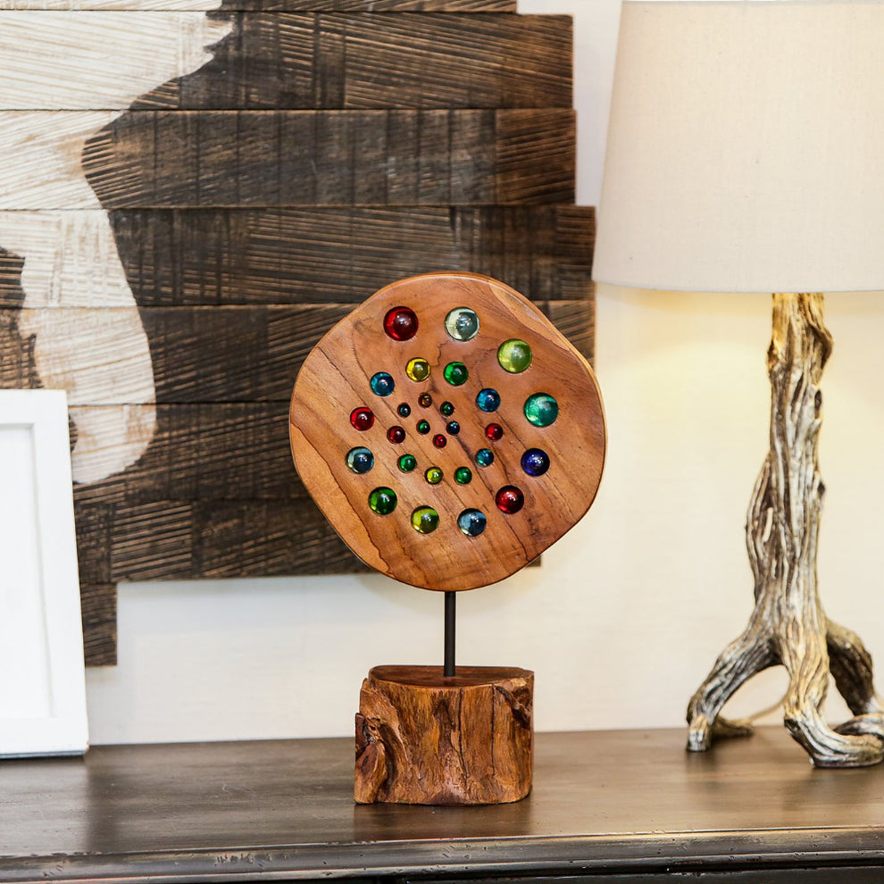 Teak Slab with Glass Ball on Stand Set of 2 By Garden Age Supply | Sculptures | Modishstore - 2