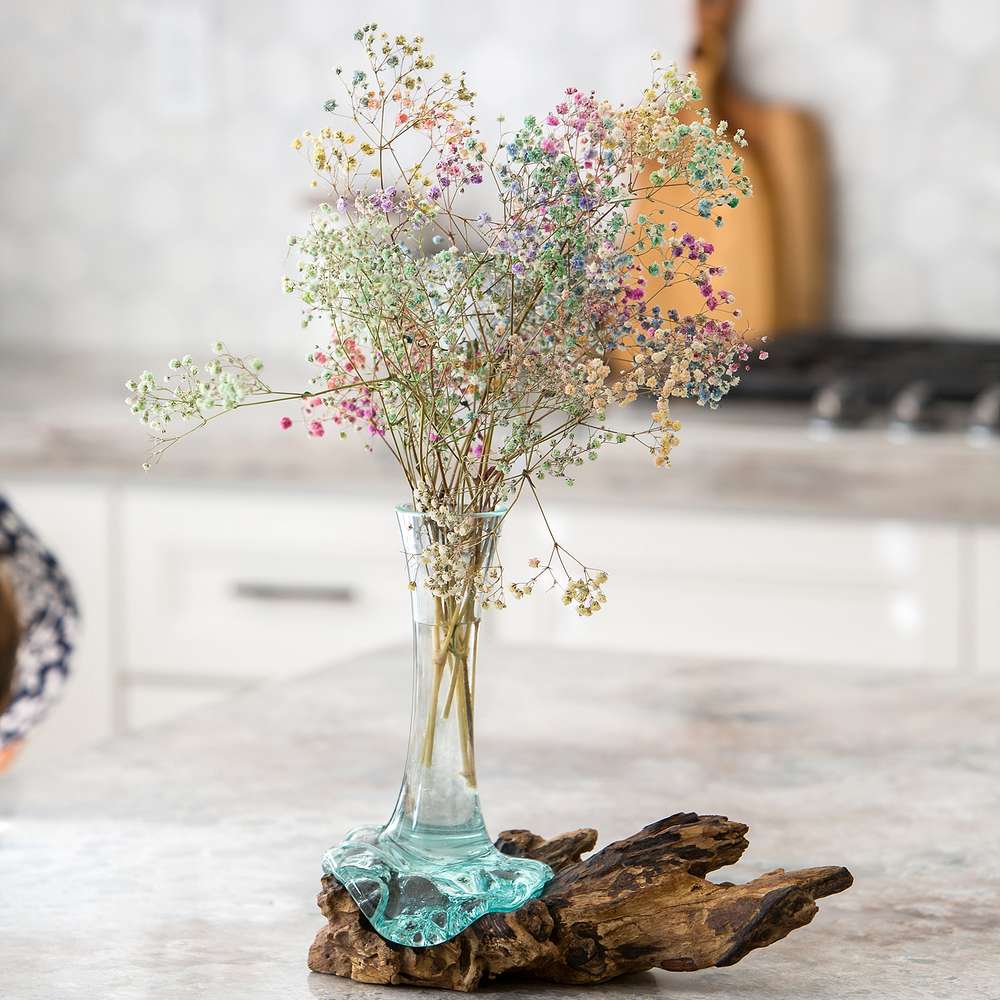 Blown Glass Flower Vase on Chinaberry Wood Set of 4 By Garden Age Supply | Vases | Modishstore - 1