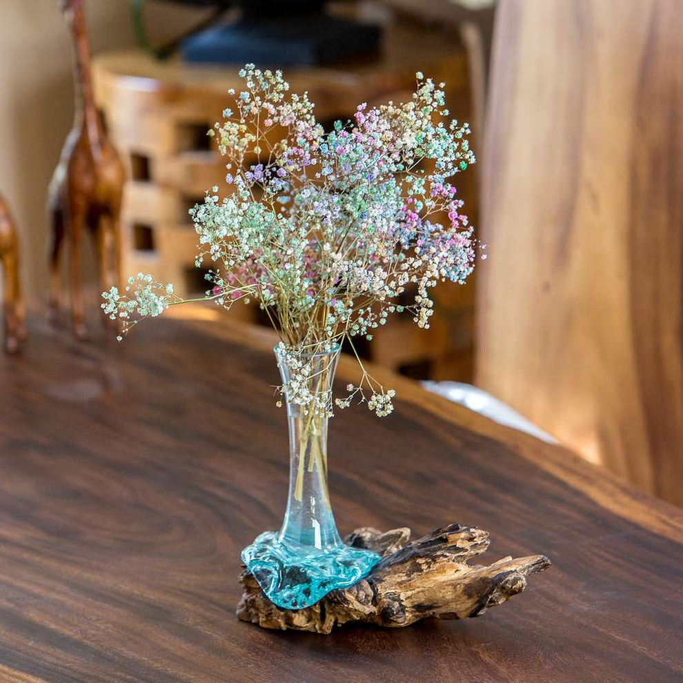 Blown Glass Flower Vase on Chinaberry Wood Set of 4 By Garden Age Supply | Vases | Modishstore - 3