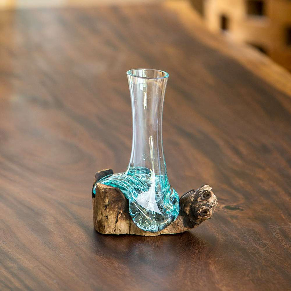 Blown Glass Flower Vase on Chinaberry Wood Set of 4 By Garden Age Supply | Vases | Modishstore - 2