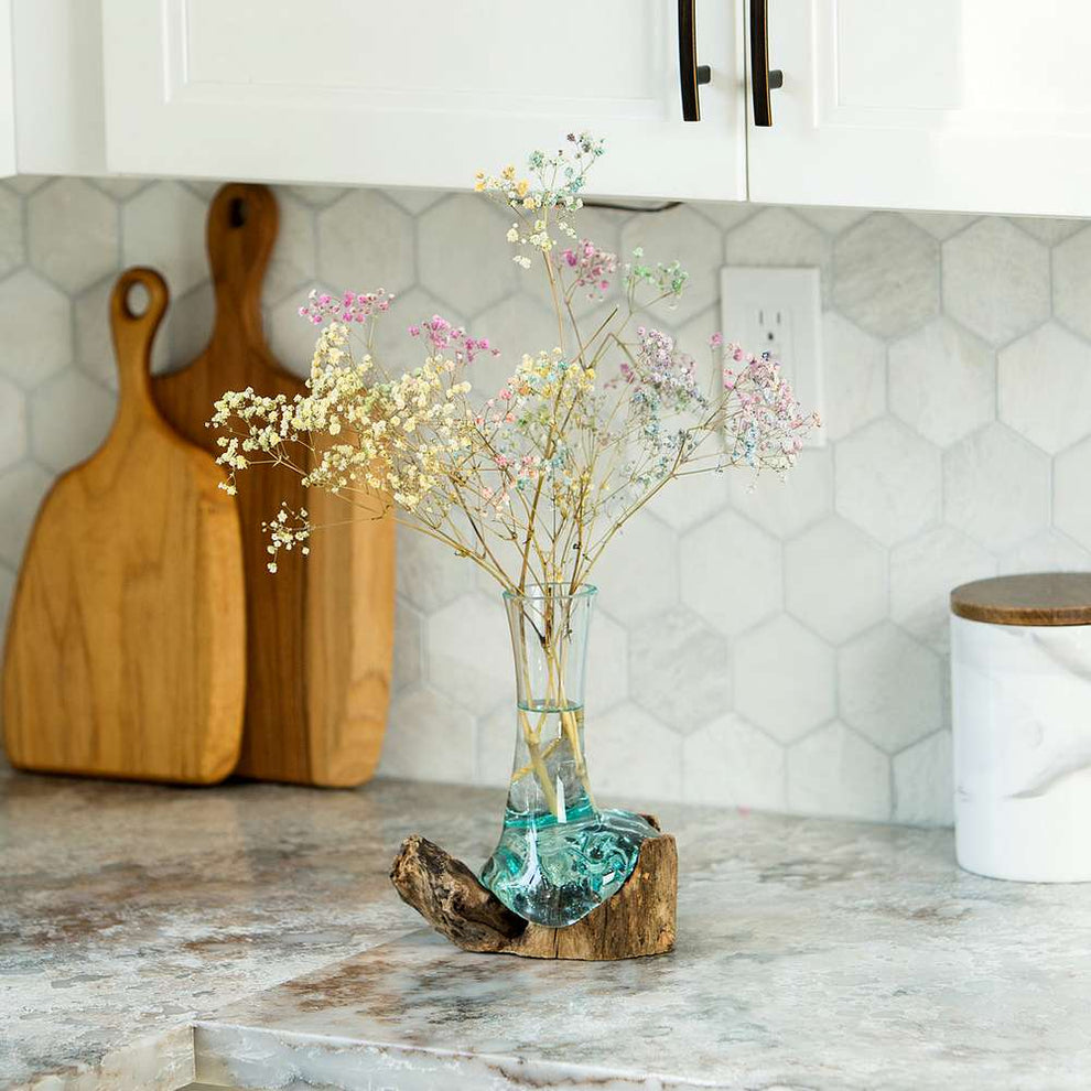 Blown Glass Flower Vase on Chinaberry Wood Set of 4 By Garden Age Supply | Vases | Modishstore - 4