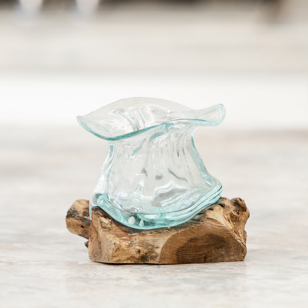 Blown Glass Lotus Vase on Chinaberry Wood Set of 4 By Garden Age Supply | Vases | Modishstore - 3
