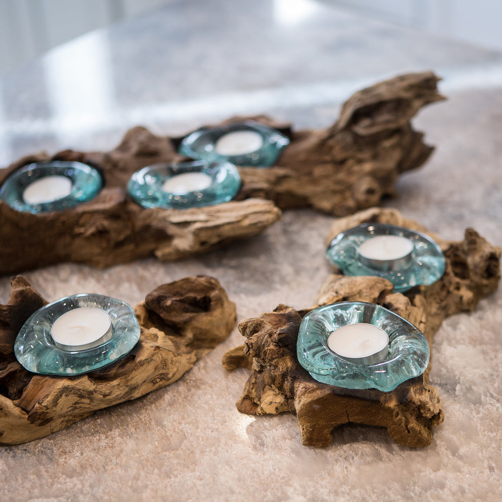 Recycled Glass Candle Holder with Coffee Tree Root - Single Set of 4 By Garden Age Supply | Candle Holders | Modishstore - 3