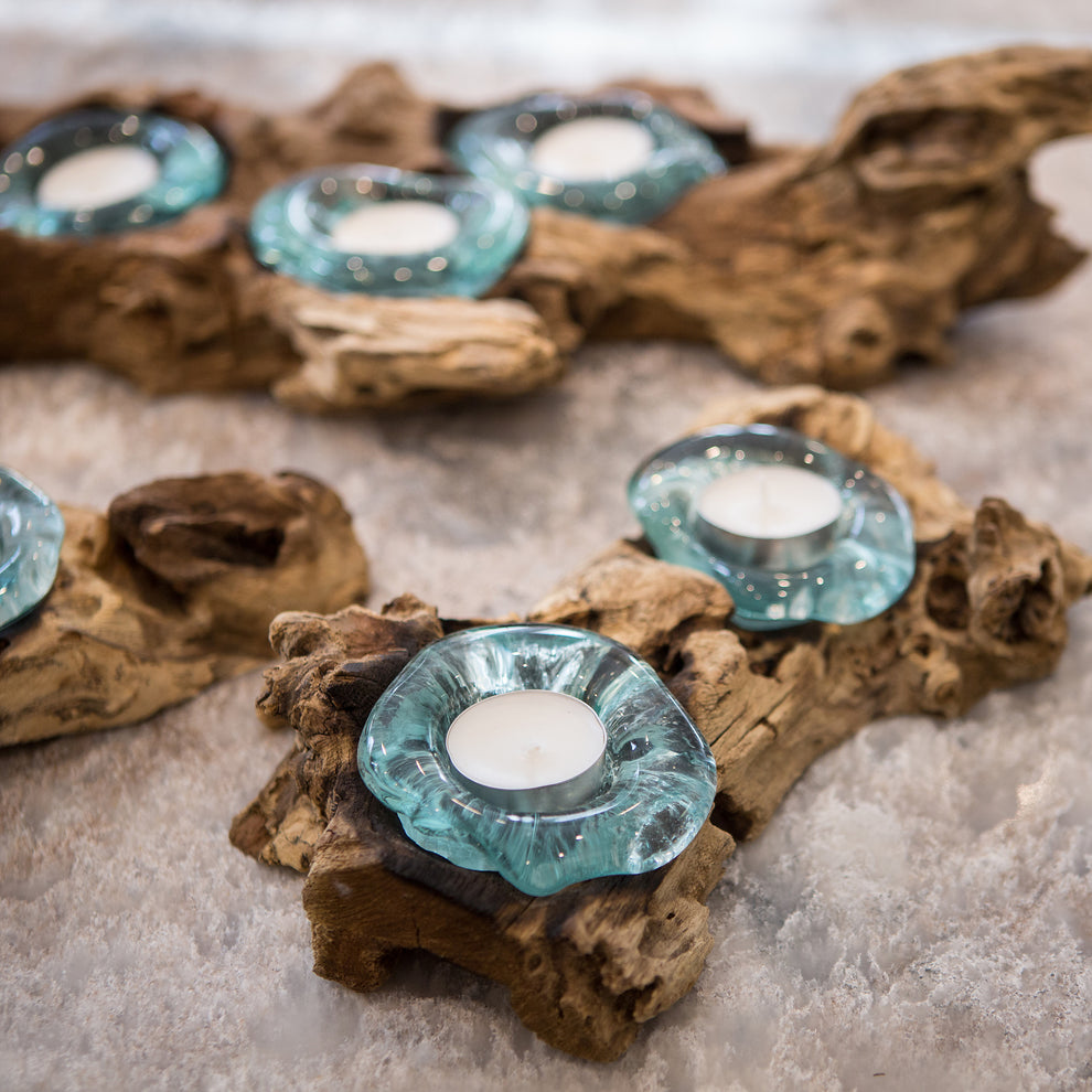 Recycled Glass Candle Holder with Coffee Tree Root - Double Set of 4 By Garden Age Supply | Candle Holders | Modishstore - 4