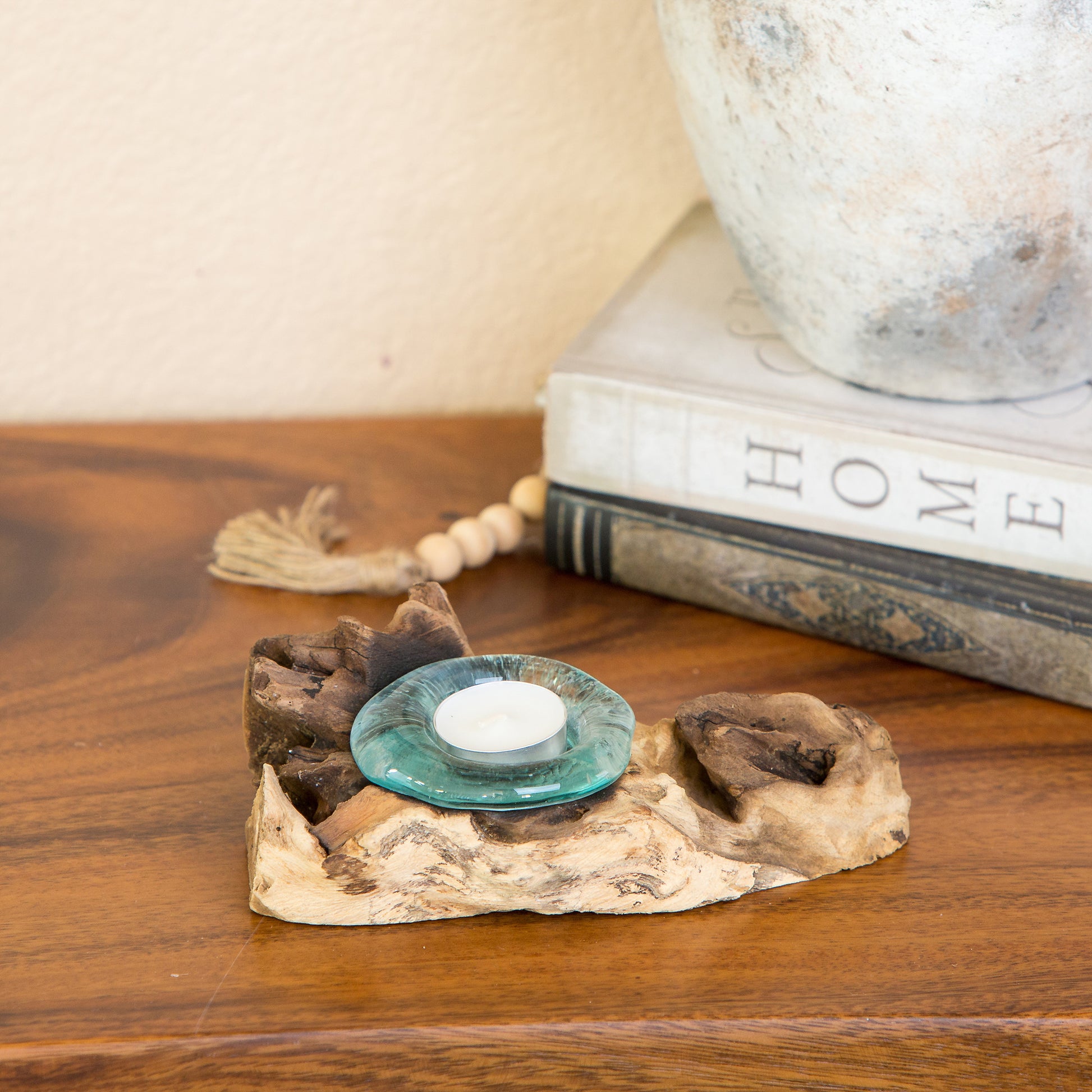 Recycled Glass Candle Holder with Coffee Tree Root - Single Set of 4 By Garden Age Supply | Candle Holders | Modishstore - 1