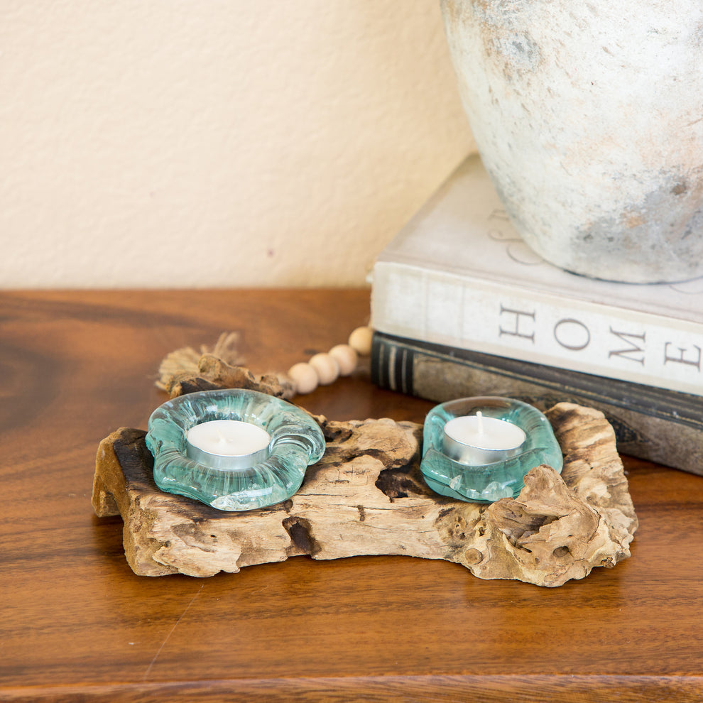 Recycled Glass Candle Holder with Coffee Tree Root - Double Set of 4 By Garden Age Supply | Candle Holders | Modishstore - 2
